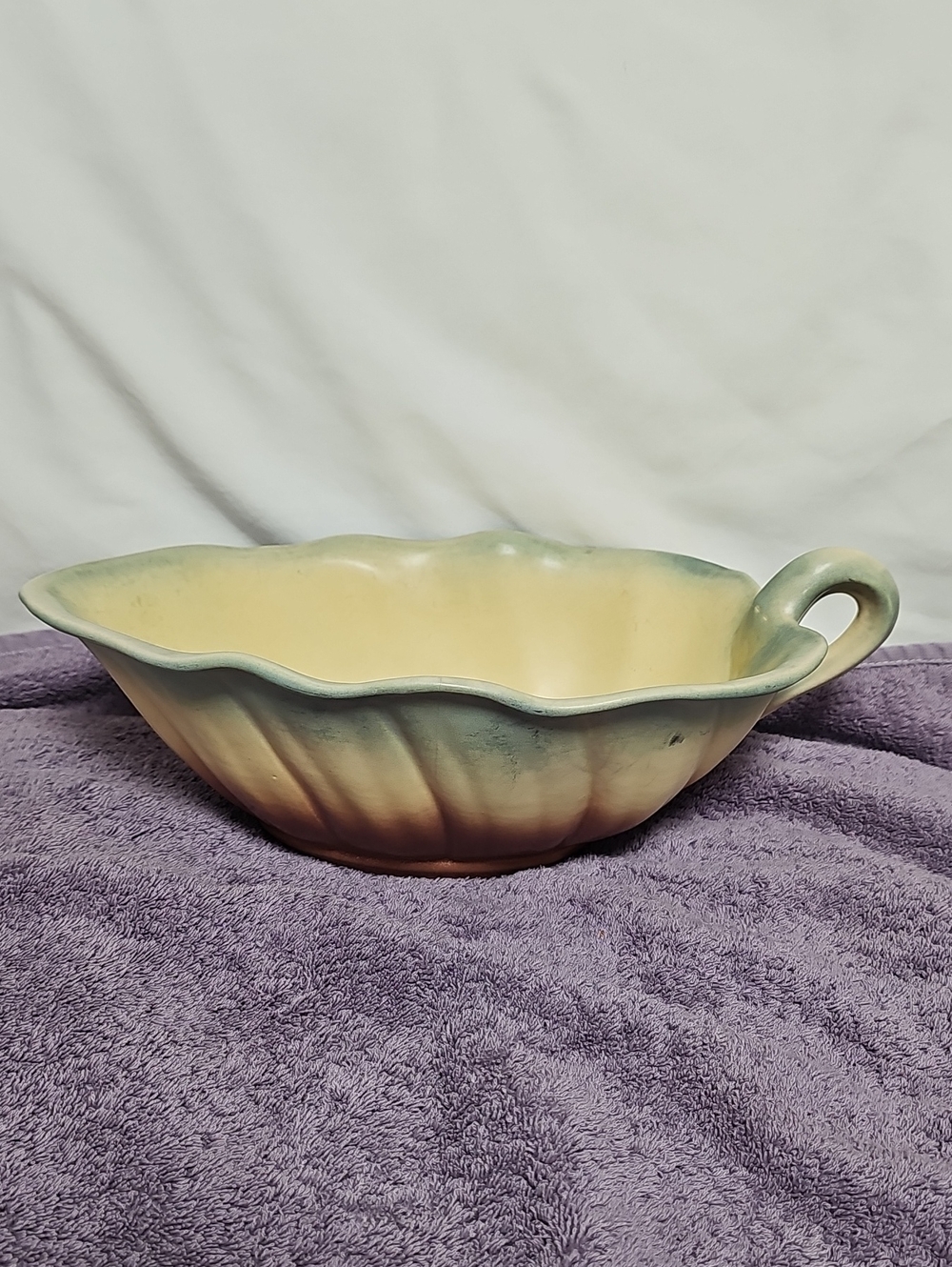 Vintage Hull Handcrafted Yellow and Green Ceramic Serving Bowl with Handle